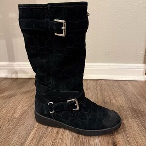 Coach Y2K Thelma Boots Women 5.5 Black Signature Embossed Suede Buckle Fur Lined